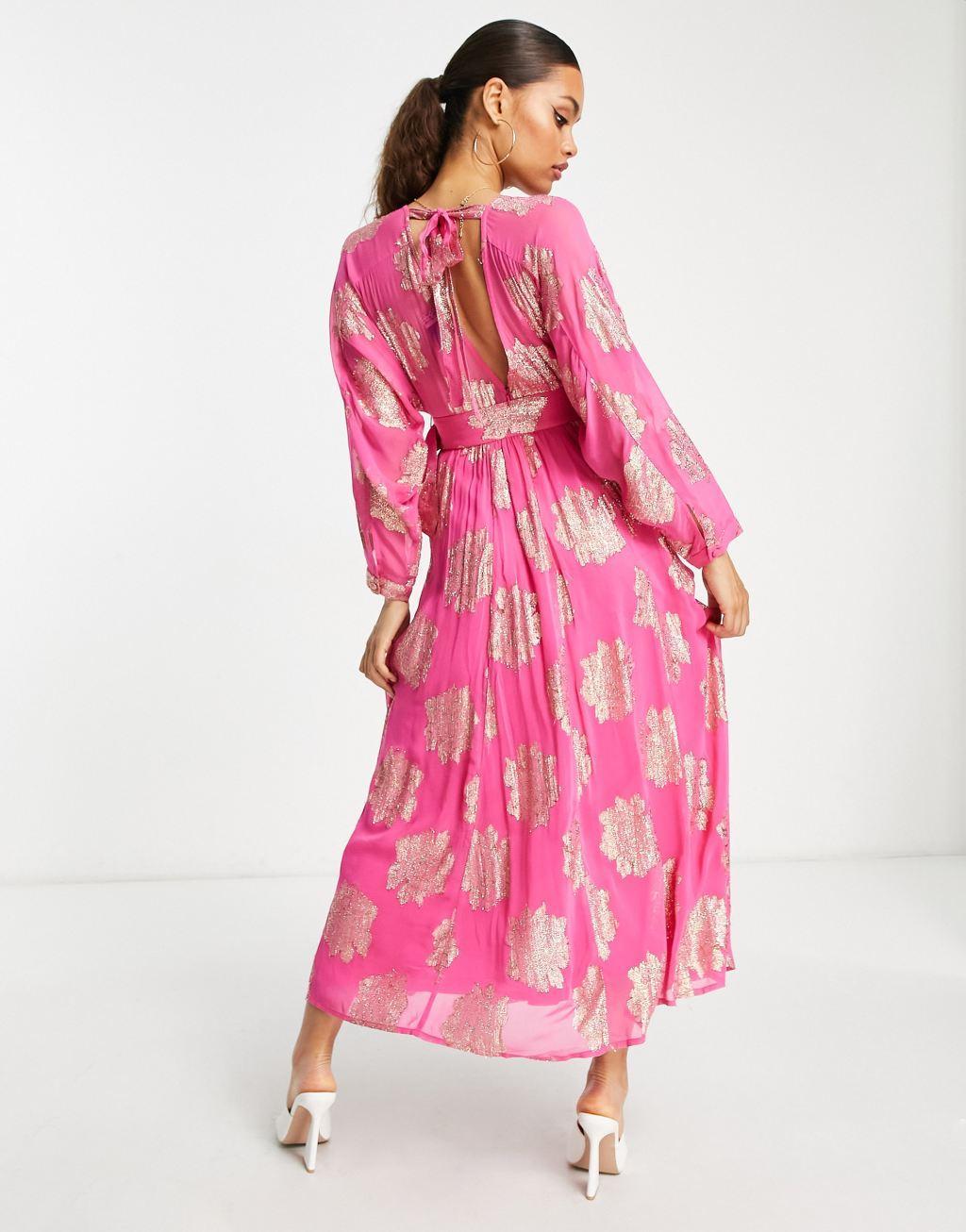 ASOS DESIGN Petite belted batwing maxi tea dress in pink metallic jacquard Product Image