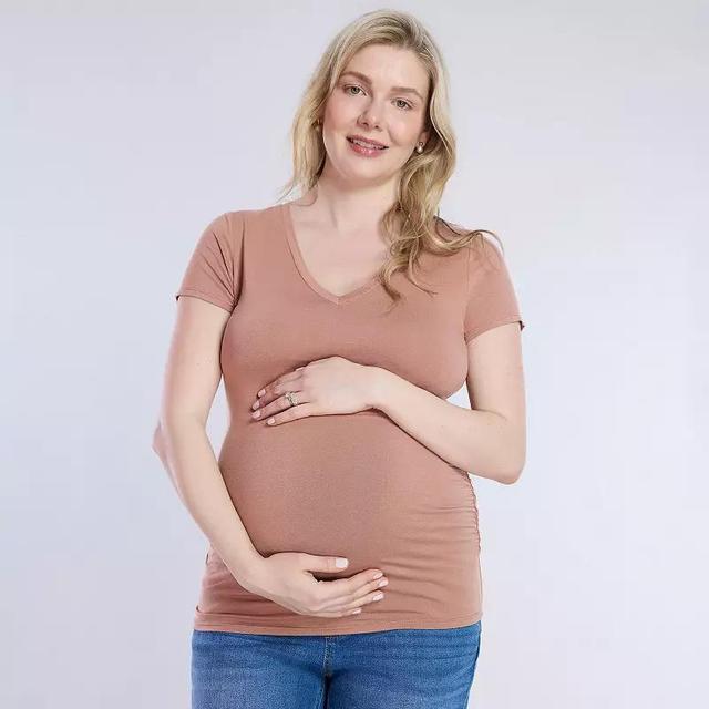 Maternity Motherhood Side Ruched V-Neck Tee, Womens Brown Mousse Product Image