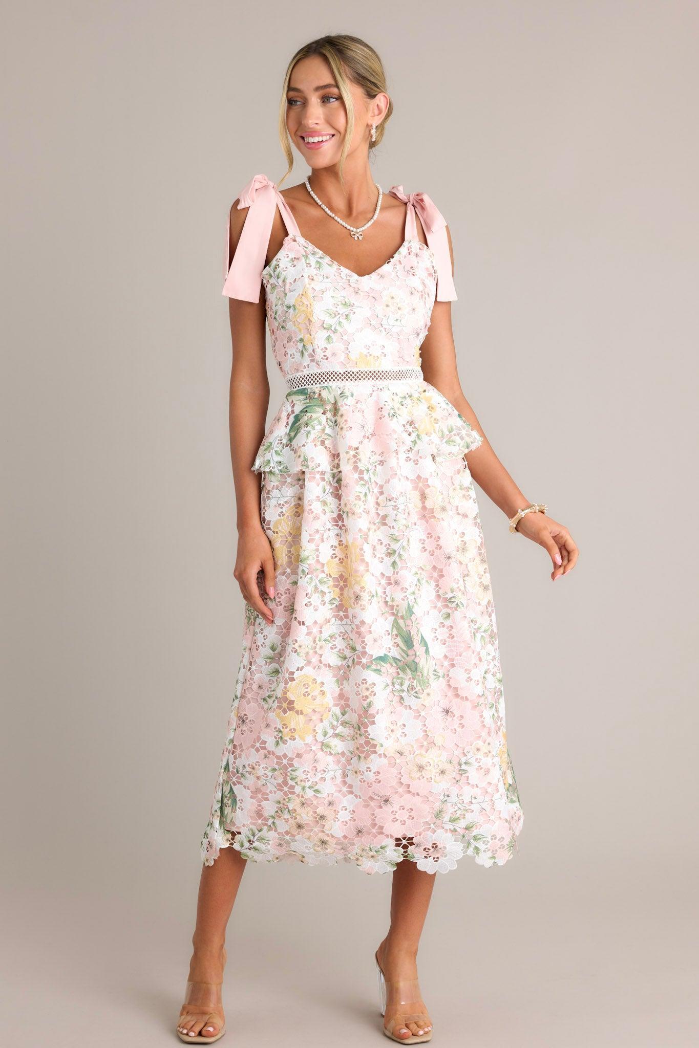 Remembering Spring Peach Lace Floral Midi Dress Product Image