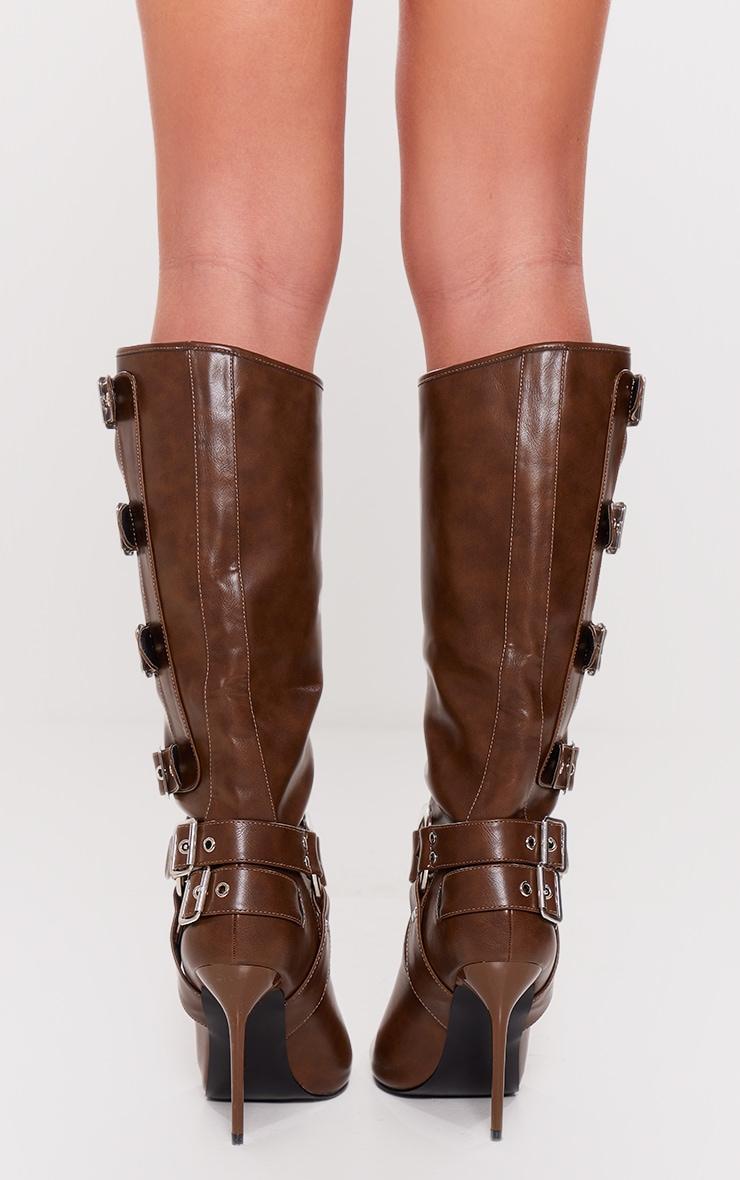 Chocolate PU Point Toe Buckle Detail Knee High Heeled Boots Product Image