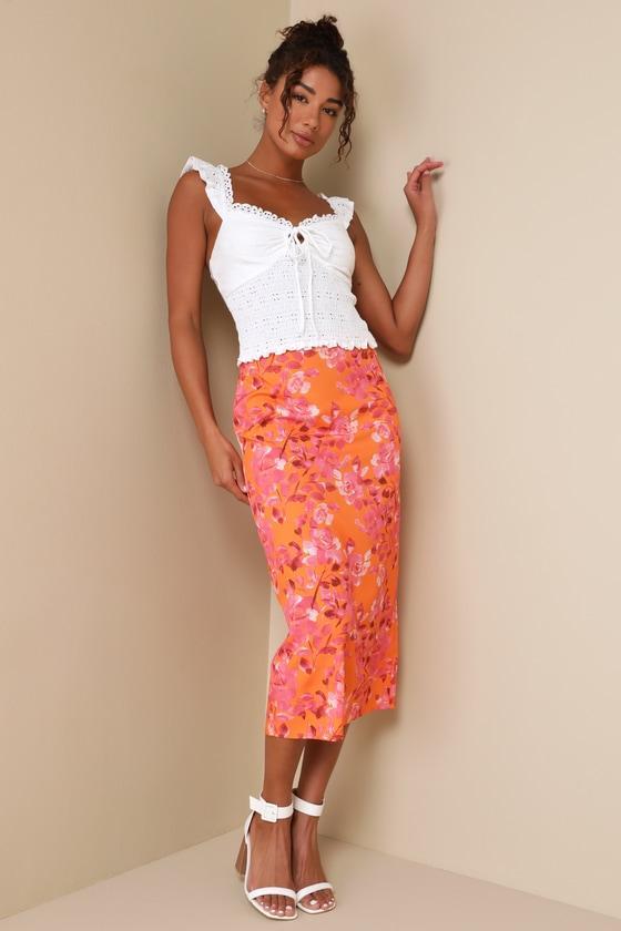 Gorgeous Muse Orange Floral Print Satin High Rise Midi Skirt Product Image