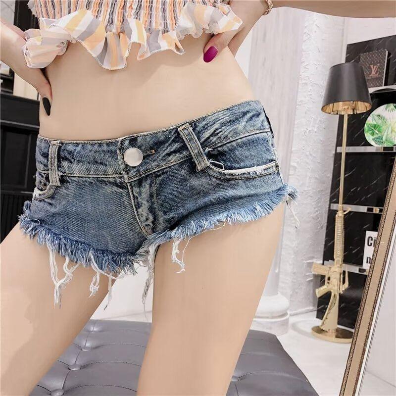 Low Rise Washed Frayed Denim Hot Pants Product Image