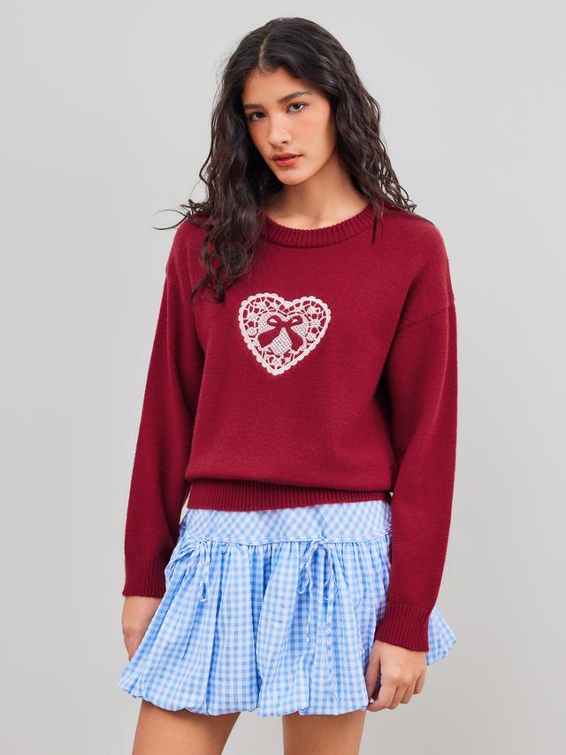 Knit Round Neckline Heart Bowknot Graphic Sweater Product Image