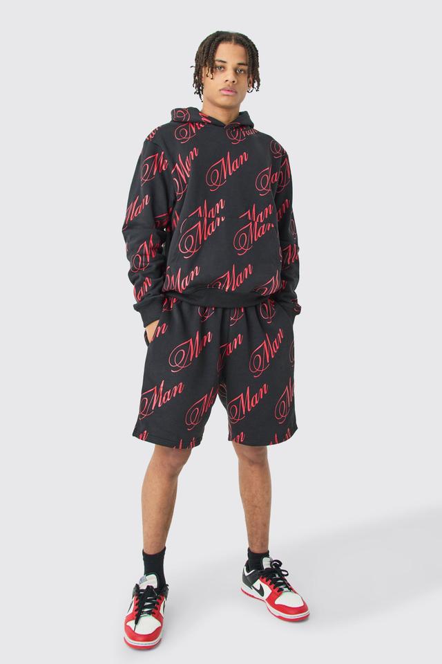 Man Script All Over Print Boxy Hooded Short Tracksuit | boohooMAN USA Product Image