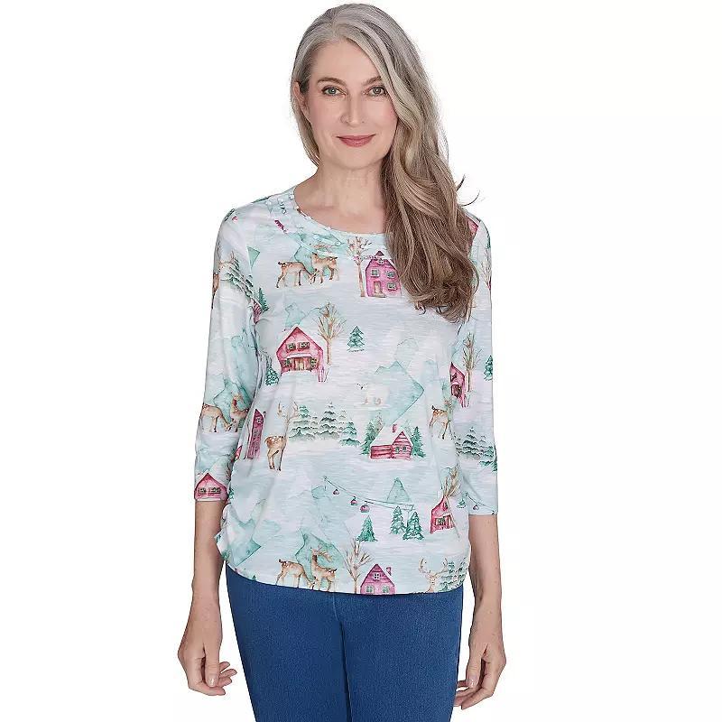 Petite Alfred Dunner Triple Notch Neck Deer Village Top, Womens Product Image