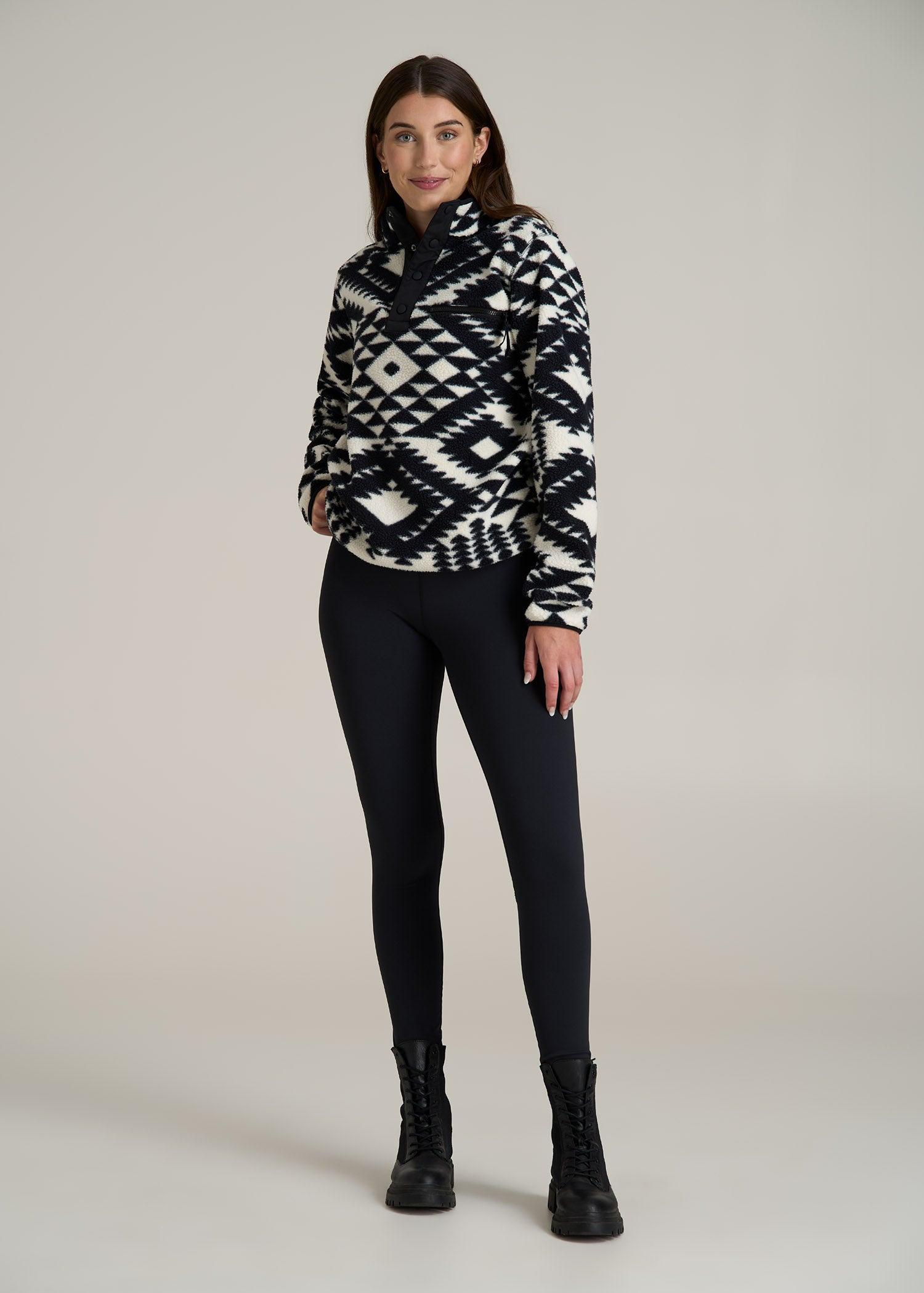 Half Snap Sherpa Sweatshirt for Tall Women in Black and White Geo Print Product Image