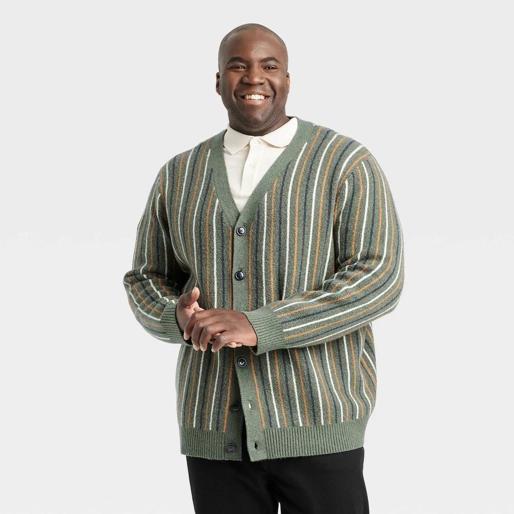 Mens Big & Tall Striped V-Neck Cardigan Sweater - Goodfellow & Co Dark Olive XXLT Product Image