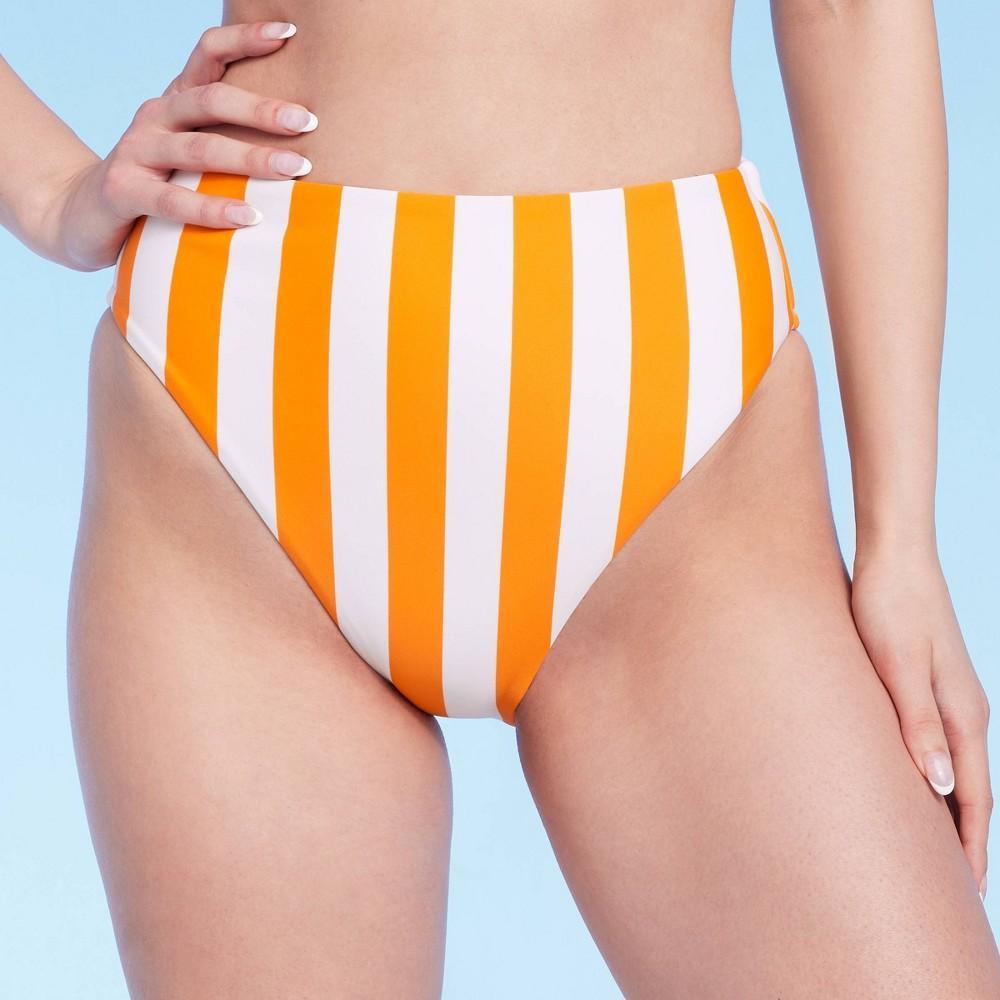 Womens High Waist High Leg Cheeky Bikini Bottom - Shade & Shore Orange Striped L Product Image