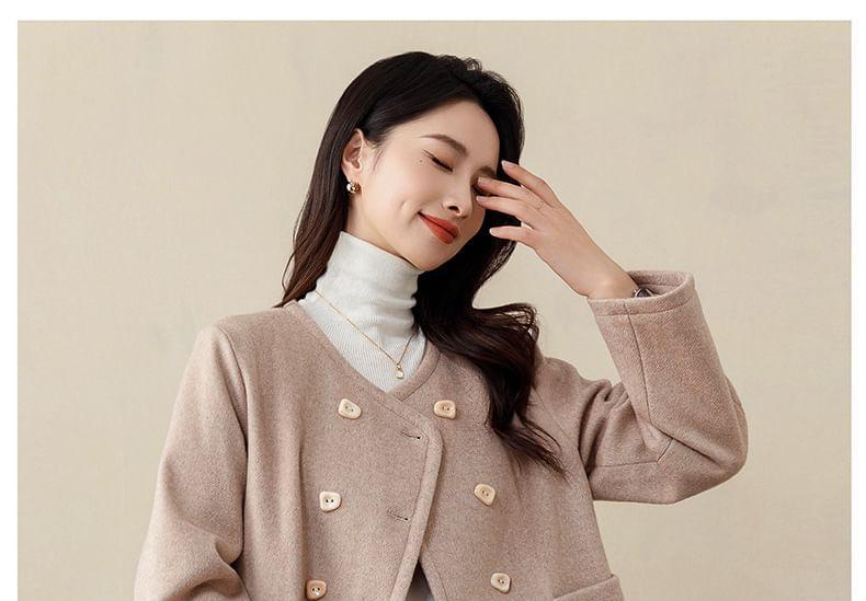 Round Neck Plain Double Breasted Short Coat Product Image