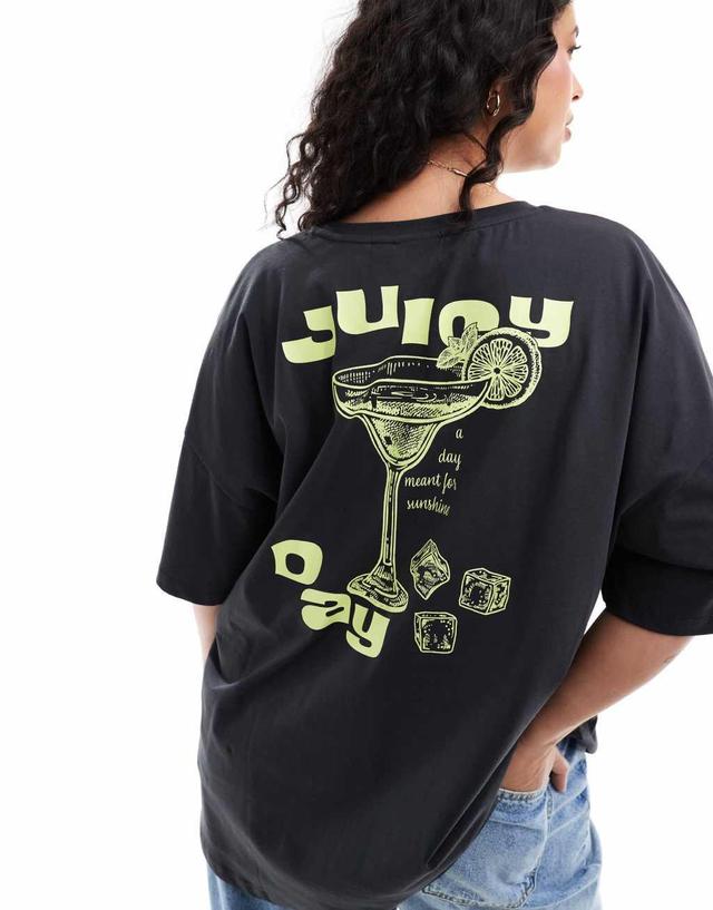 ONLY Curve juicy cocktail back graphic oversized tee in wash black  Product Image