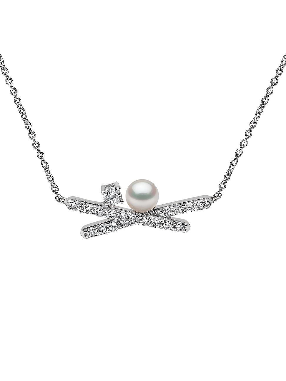 Womens Sleek 18K White Gold, Diamond, & 4.5-5MM Cultured Akoya Pearl Crisscross Pendant Necklace - White Gold Product Image