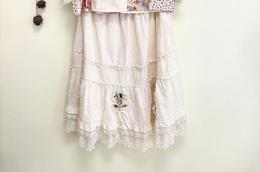 Elastic Waist Floral Embroidered Lace Panel Midi A-Line Skirt Product Image