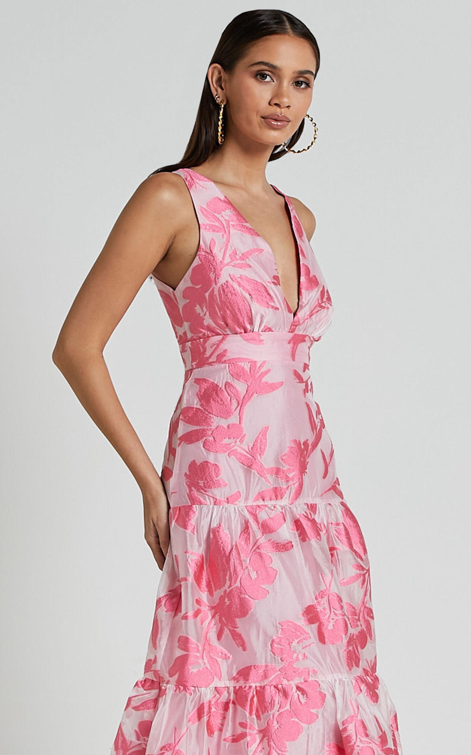 Reba Midi Dress - V Neck Tiered Jacquard Dress in Pink Product Image