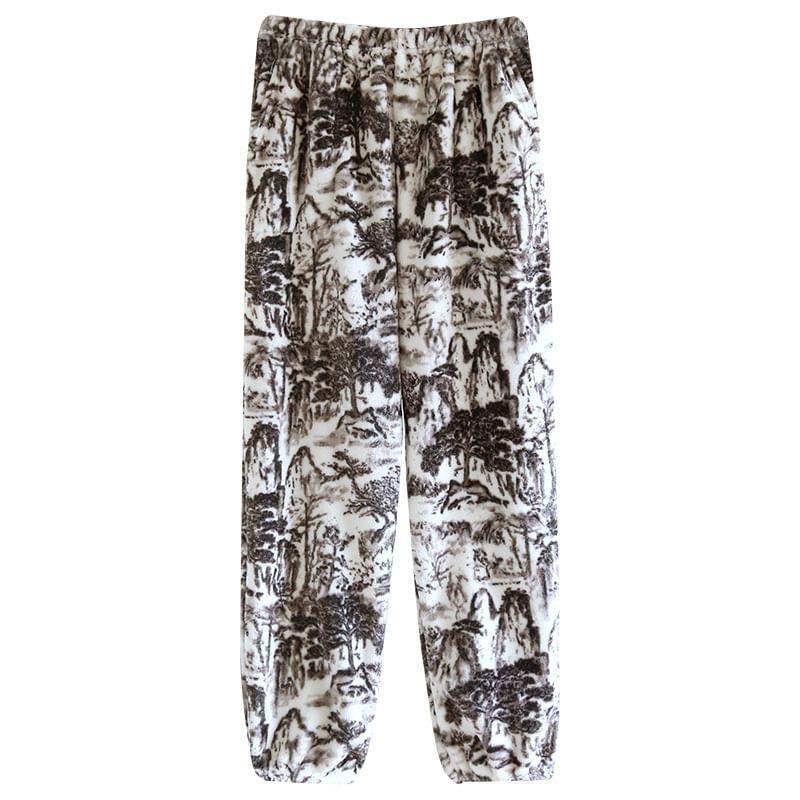 Elastic Waist Mountain Print Fleece Pajama Pants Product Image