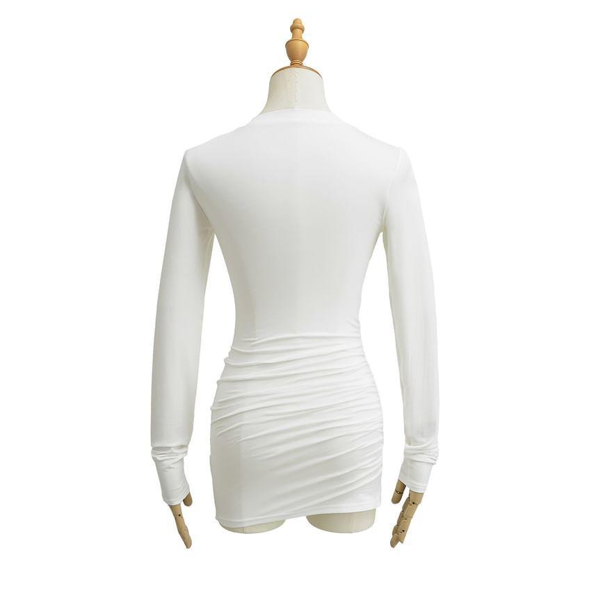 Long-Sleeve Crewneck Plain Mini Dress Product Image