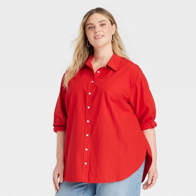 Womens Oversized Long Sleeve Collared Button-Down Shirt - Universal Thread Red 4X Product Image