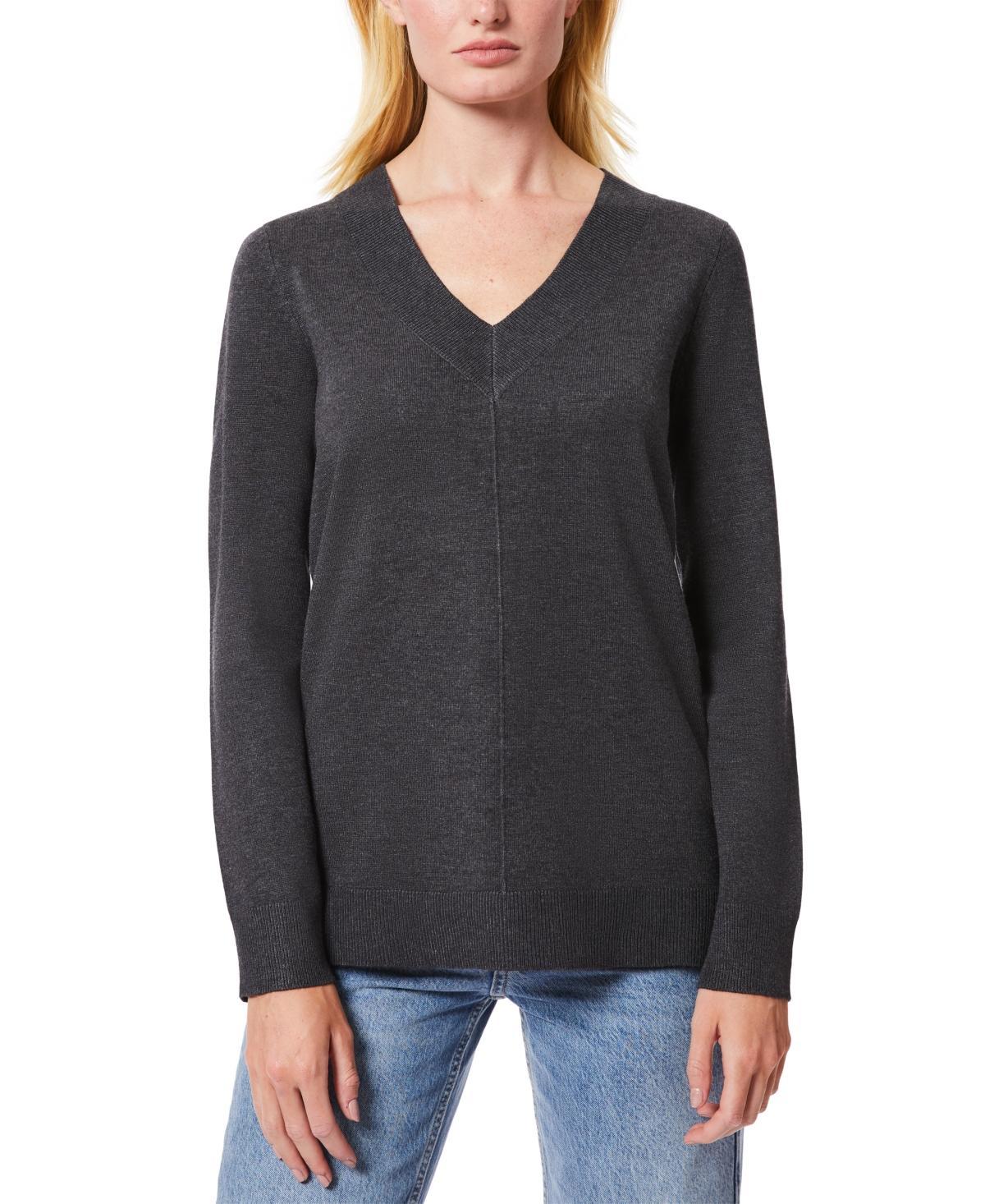 Melissa Paige Womens Ribbed Seamed Long-Sleeve High-Low-Hem V-Neck Sweater Product Image