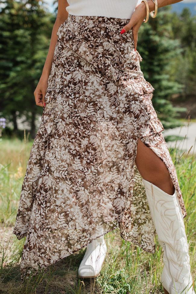 The Way Love Goes Brown Floral Ruffled Detail Midi Skirt FINAL SALE Product Image