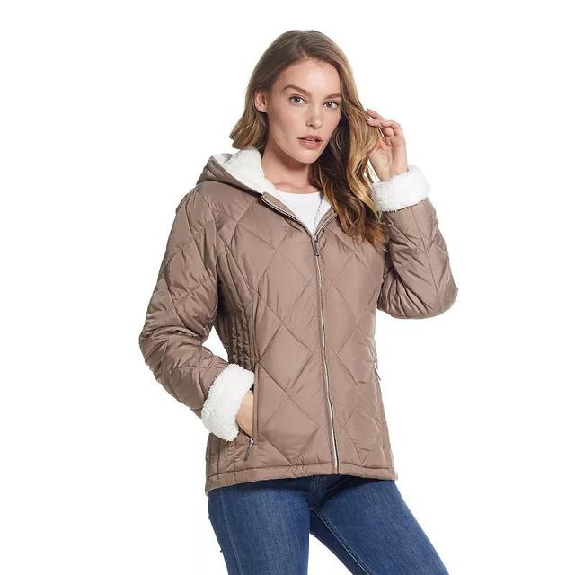 Womens Weathercast Sherpa-Trim Quilted Puffer Jacket Brown Product Image