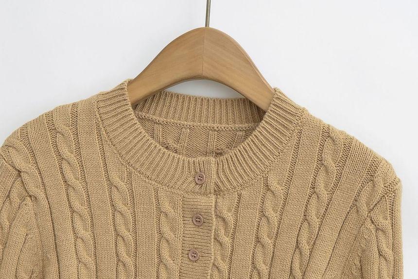 Long-Sleeve Plain Henley Cable Knit Top Product Image