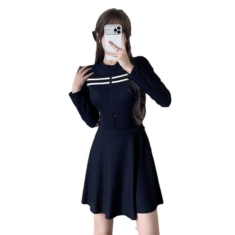 Set: Long-Sleeve Half-Zip Striped Swimsuit + Plain Swim Skirt Product Image