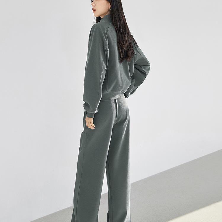 Set: Stand Collar Plain Zip Jacket + Mid Rise Plain Wide Leg Pants Product Image