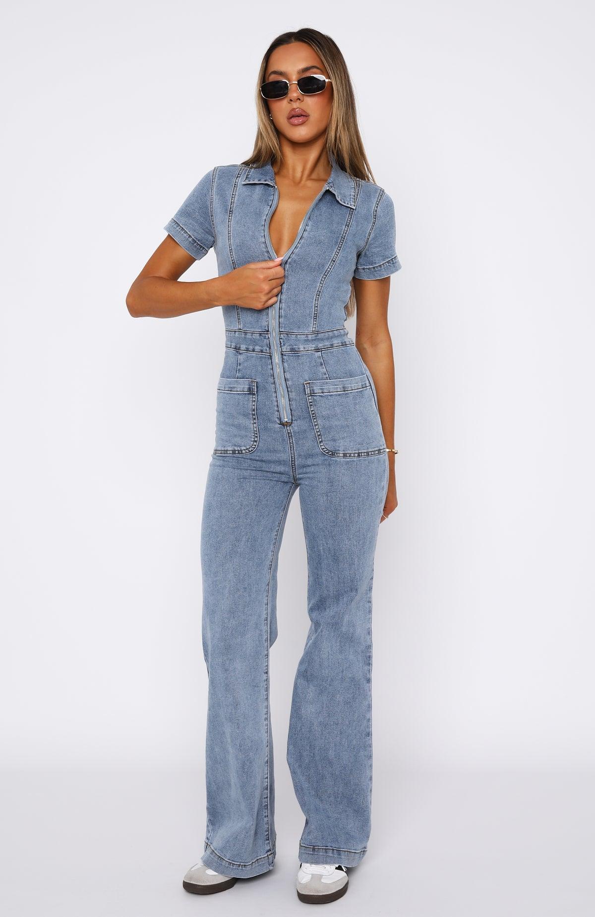 Not About You Denim Jumpsuit Mid Blue Product Image