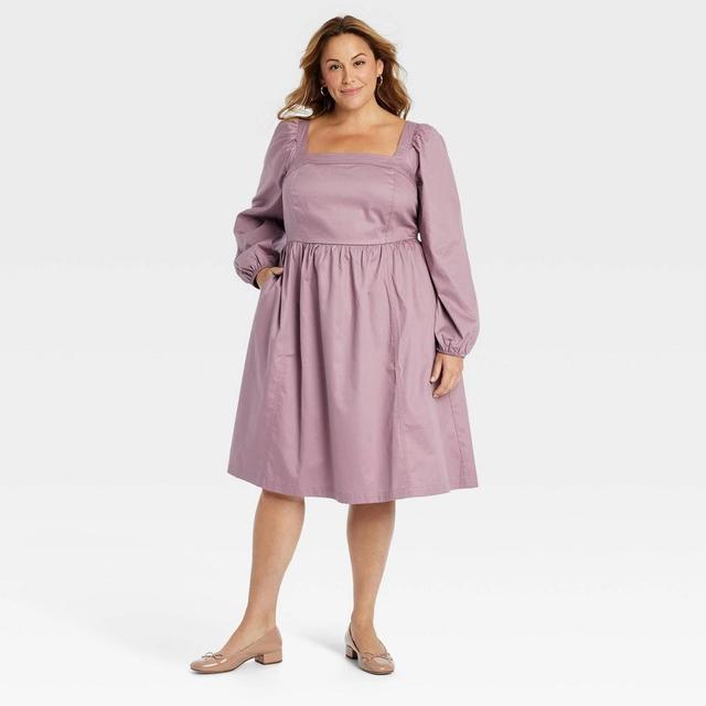 Women's Balloon Long Sleeve Woven Midi A-Line Dress - Ava & Viv™ Mauve 2X Product Image