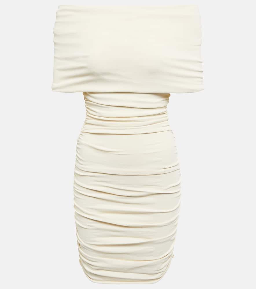 Aerica Off-the-shoulder Ruched Stretch-jersey Mini Dress In Beige Product Image