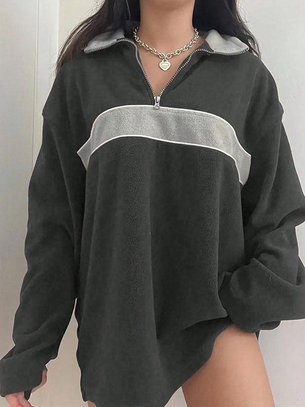 Long Sleeves Loose Split-Joint Zipper Lapel Sweatshirt Tops Product Image