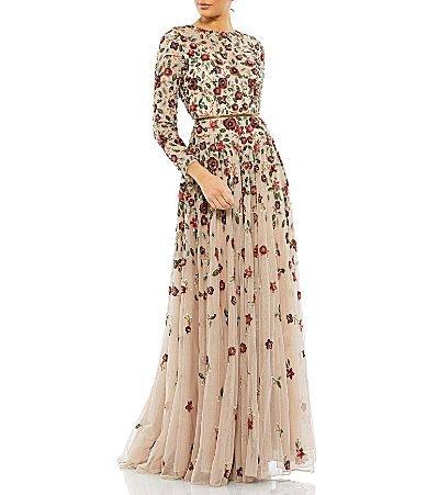 Mac Duggal Floral Sequin Long Sleeve A-Line Gown Product Image