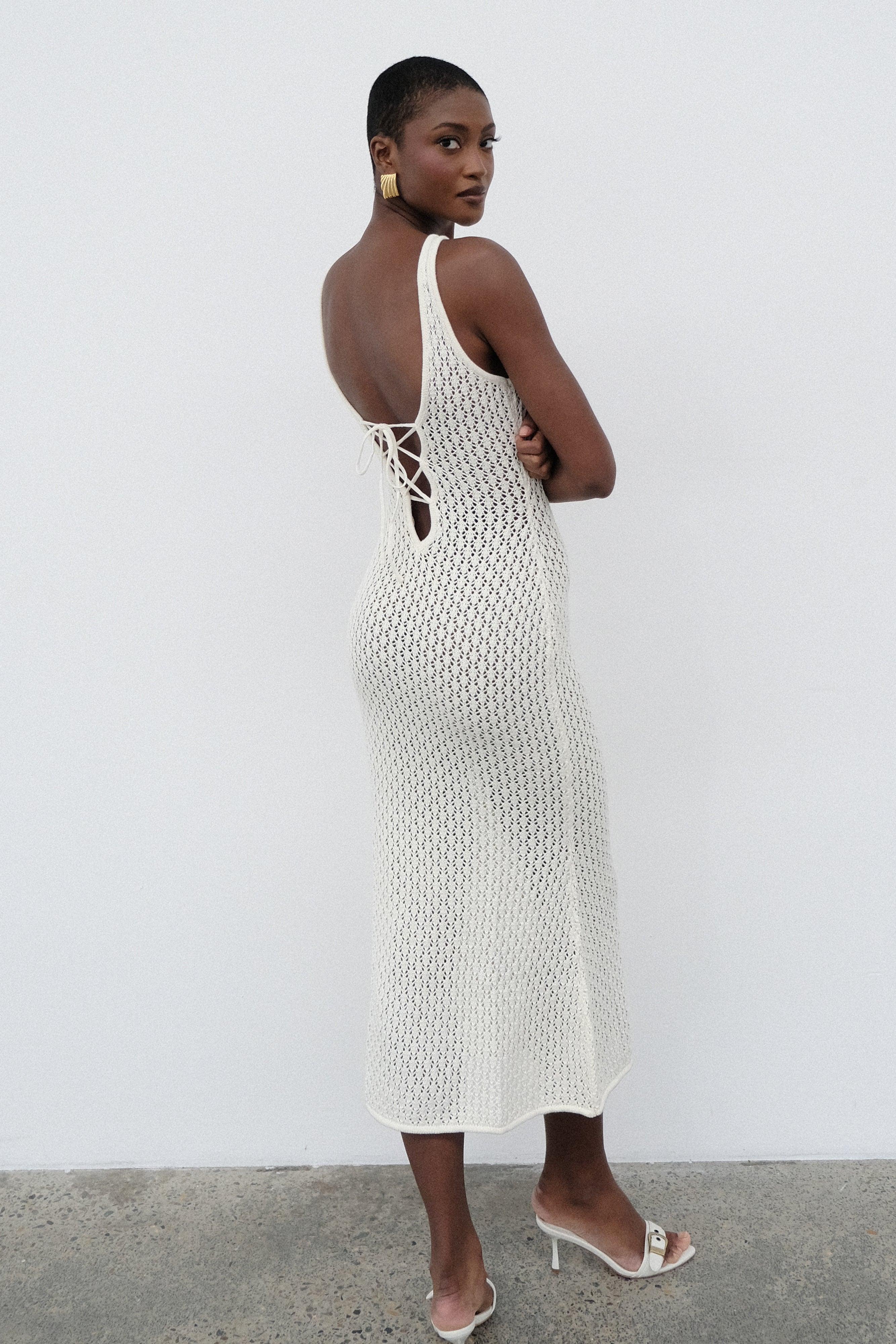 Cordelia Crochet Fishtail Midi Dress - Ivory Product Image