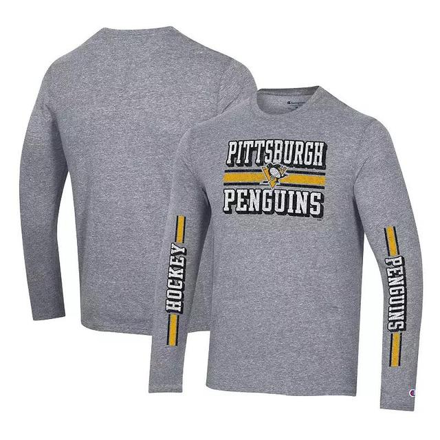 Mens Champion Heather Gray Pittsburgh Penguins Tri-Blend Dual-Stripe Long Sleeve T-Shirt Product Image