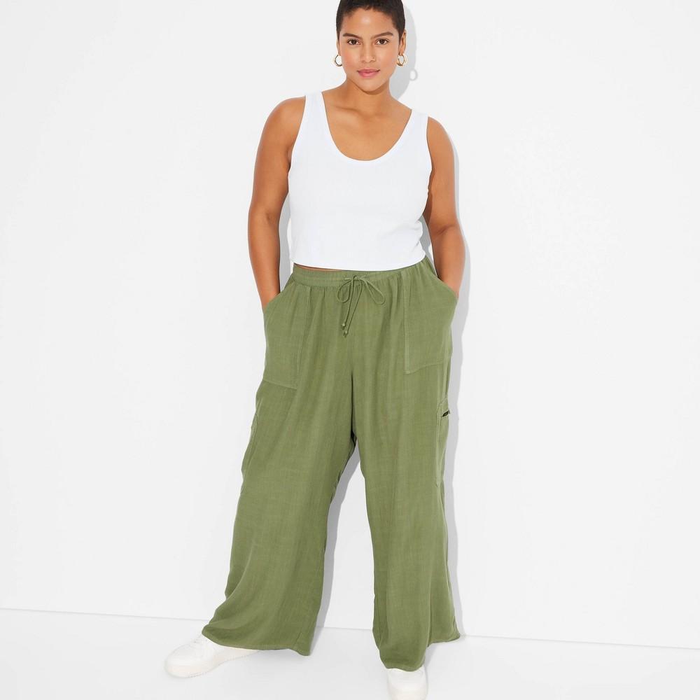 Womens Mid-Rise Wide Leg Vacation Cargo Pants - Wild Fable Olive XXL Product Image