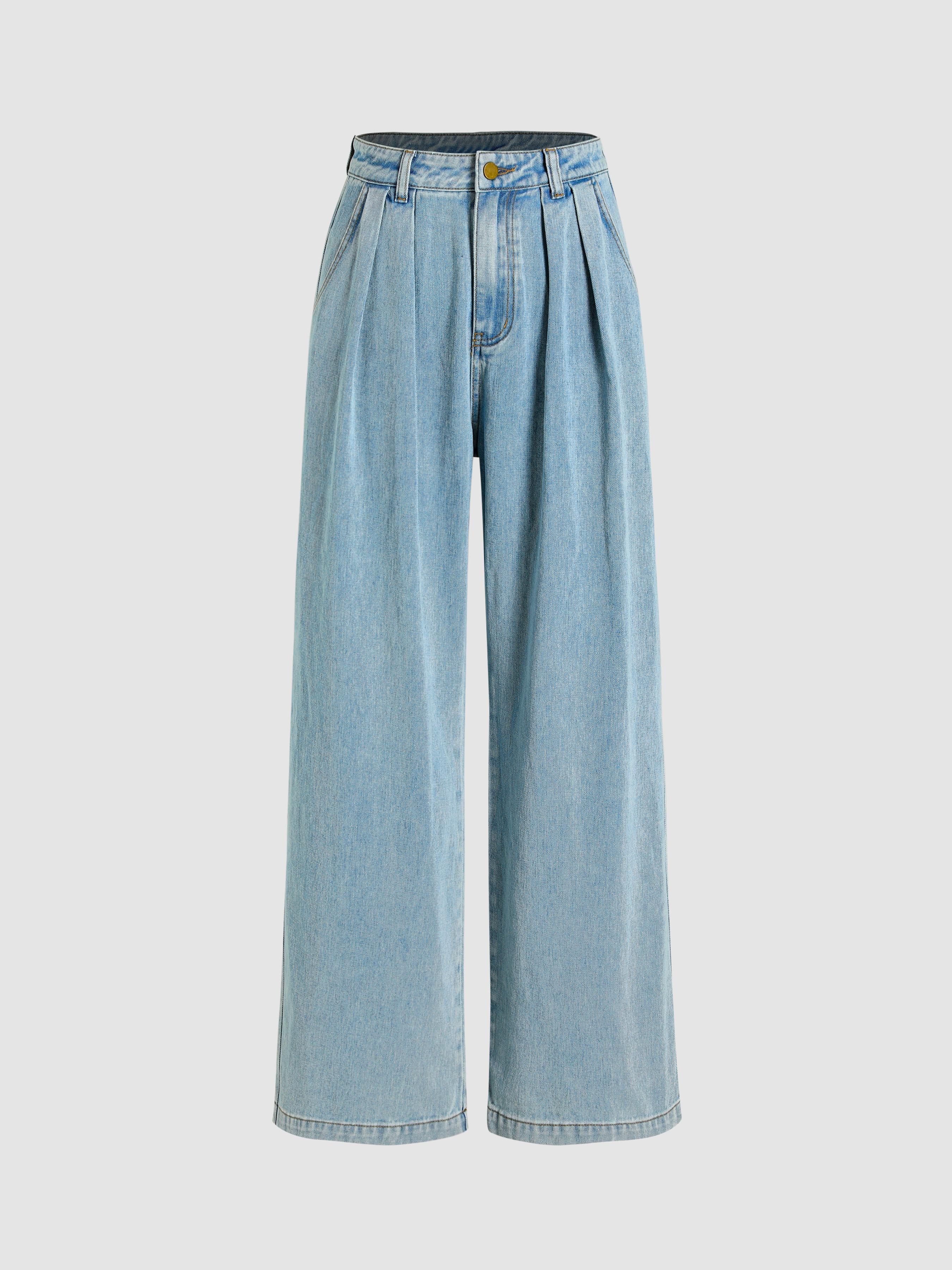 Denim High Rise Pleated Wide Leg Jeans product image