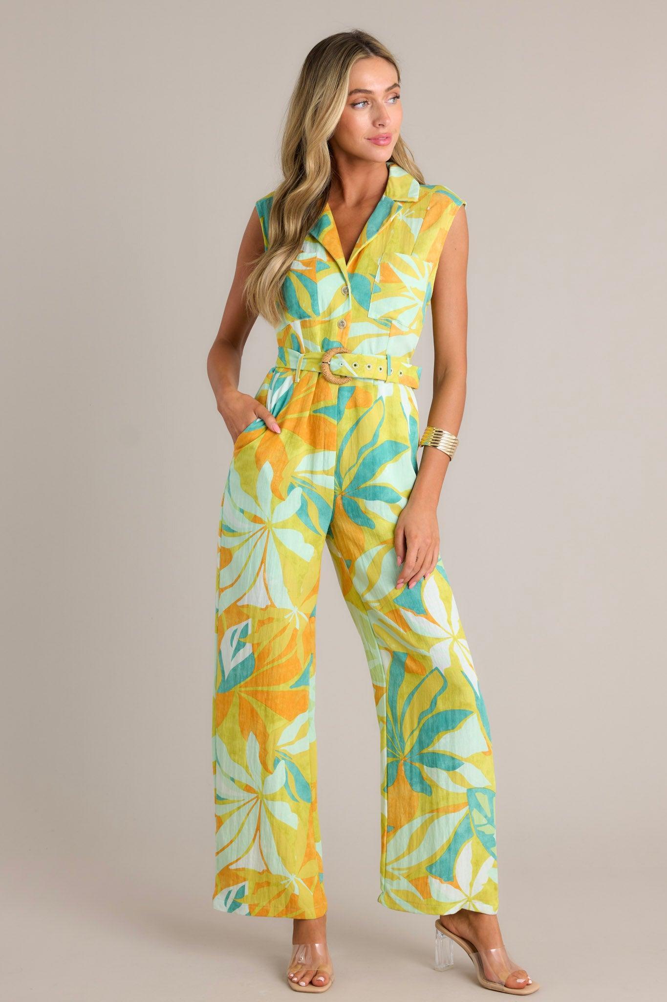 Sunset Glow Lime Green Tropical Print Belted Jumpsuit Product Image