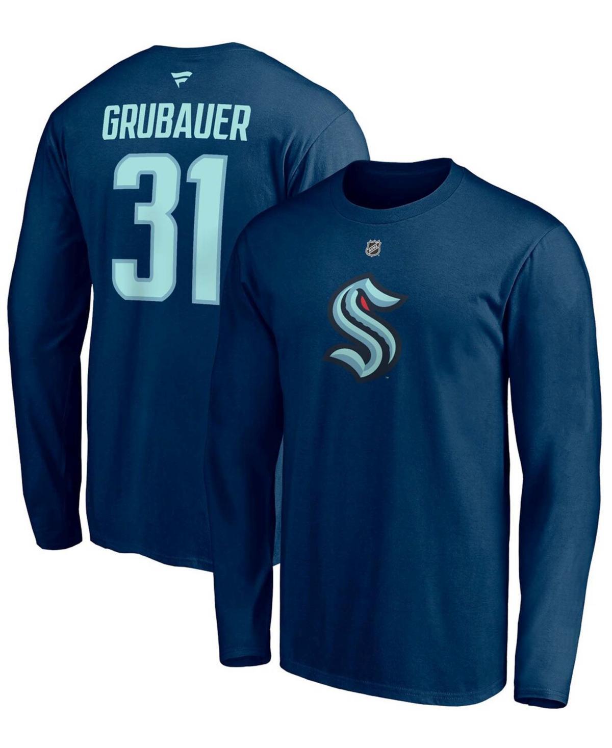 Mens Fanatics Branded Philipp Grubauer Deep Sea Blue Seattle Kraken Authentic Stack Name & Number Long Sleeve T-Shirt Product Image