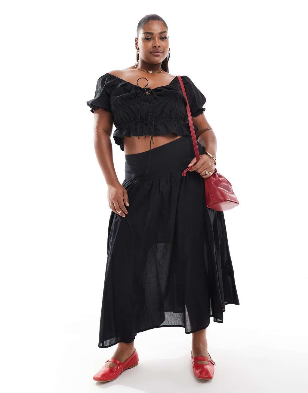 ASOS DESIGN Curve dropped waist midi skirt with lining in black product image