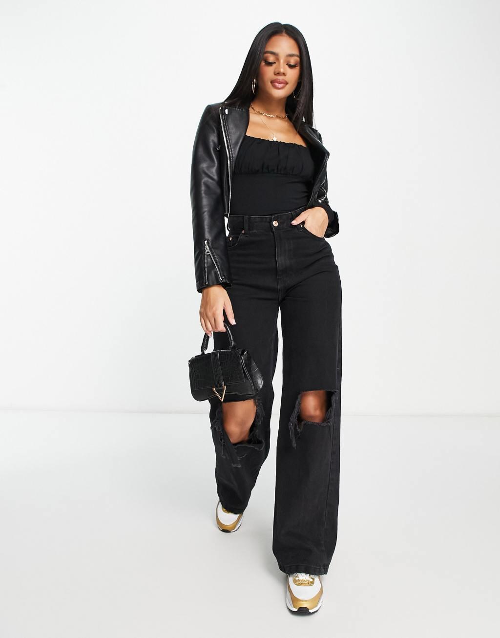 ASOS DESIGN gathered bust detail long sleeve top in black Product Image