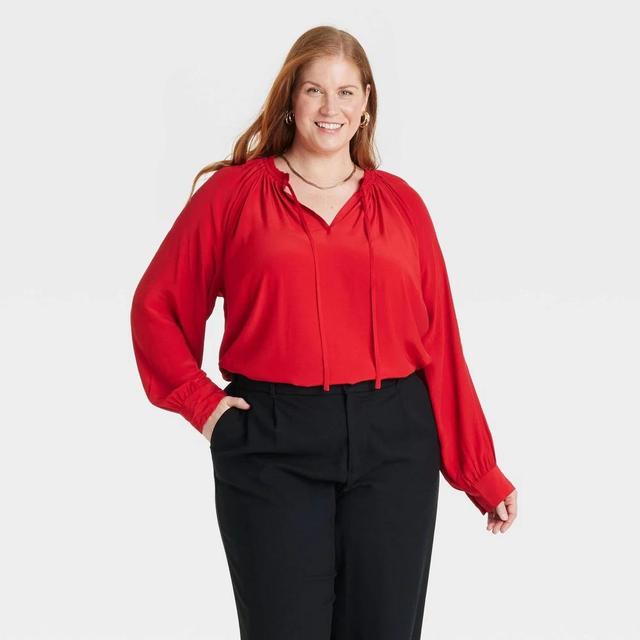 Womens Raglan Long Sleeve Split Neck Blouse - Ava & Viv Red 4X Product Image