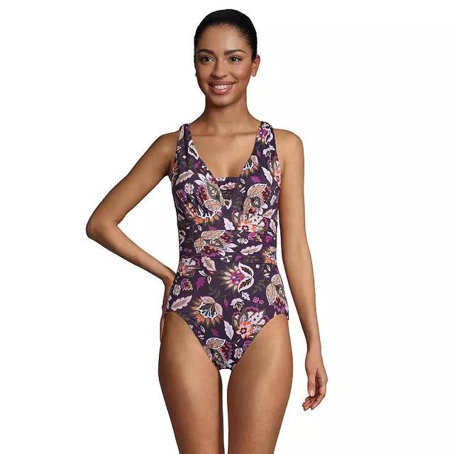 Womens Lands End DD-Cup Slender Grecian Tummy Control Print UPF 50 One-Piece Swimsuit Purple Navy Ombre Product Image