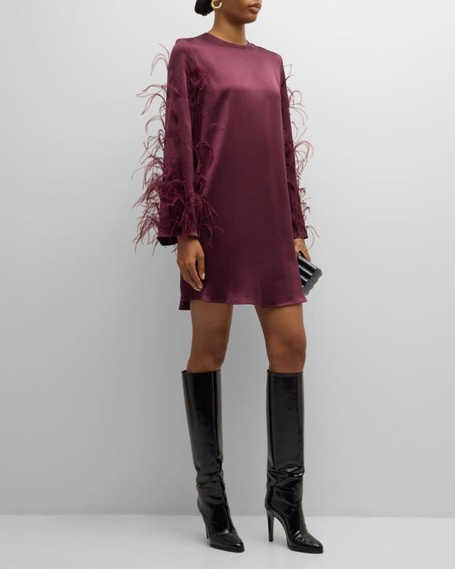 Feather Long-Sleeve Satin Mini Shift Dress Product Image