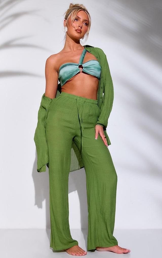 Dark Green Textured Linen Look Drawstring Waist Pants Product Image