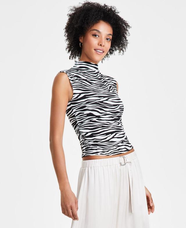 Bar Iii Womens Zebra-Print Mock-Neck Cropped Top, Created for Macys Product Image