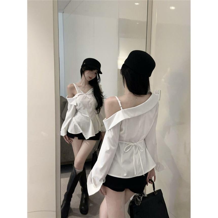 Cold Shoulder Long Sleeve Lace Trim Ruffle Hem Shirt Product Image