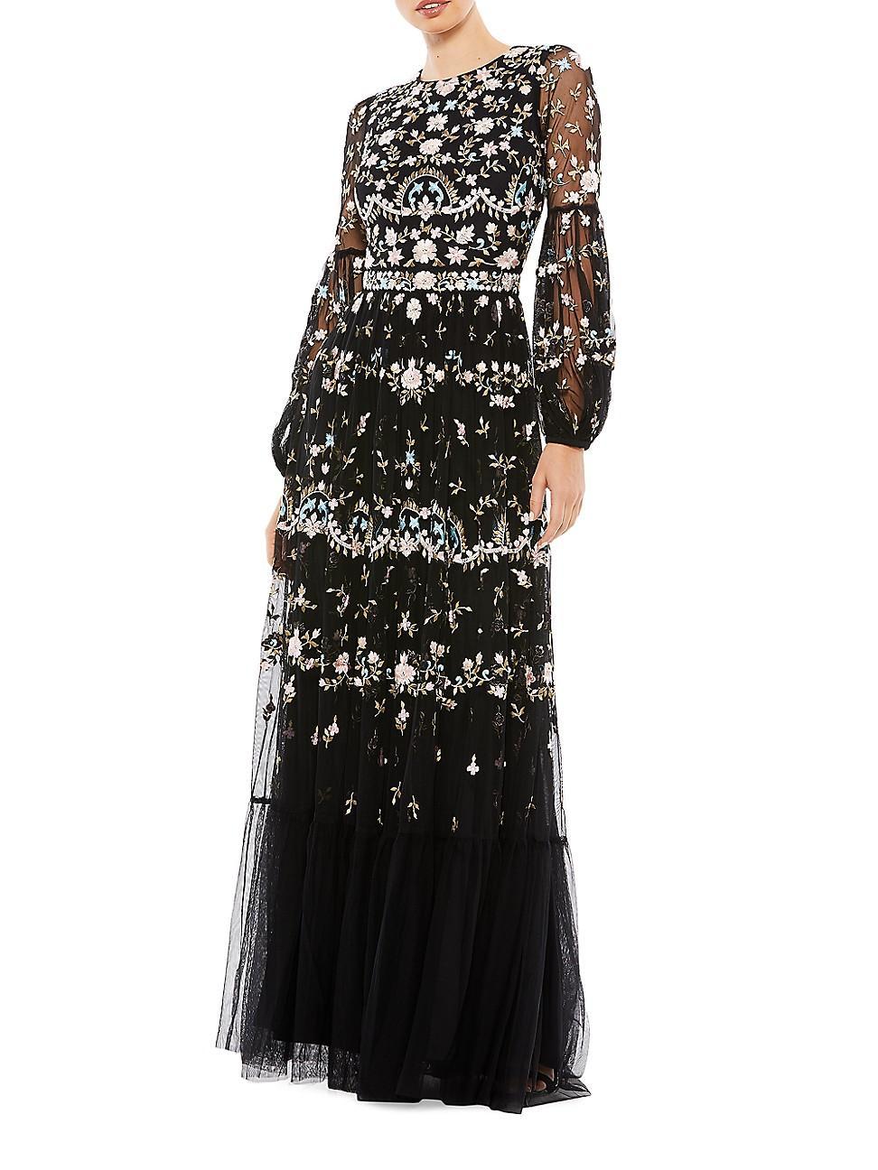 Womens Floral Embellished Tulle Gown Product Image