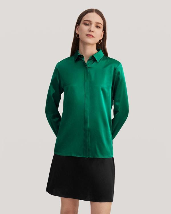 Basic Concealed Placket Silk Shirt Product Image