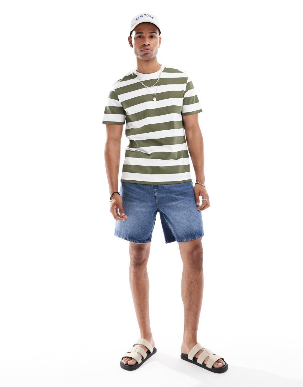 ASOS DESIGN striped t-shirt in olive and white Product Image