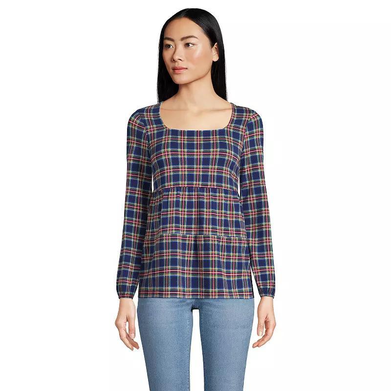 Petite Lands End Squareneck Tiered Top, Womens Blue Highland Plaid Product Image