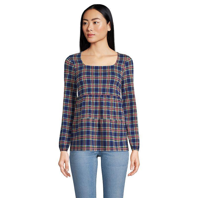 Petite Lands End Squareneck Tiered Top, Womens Blue Highland Plaid Product Image